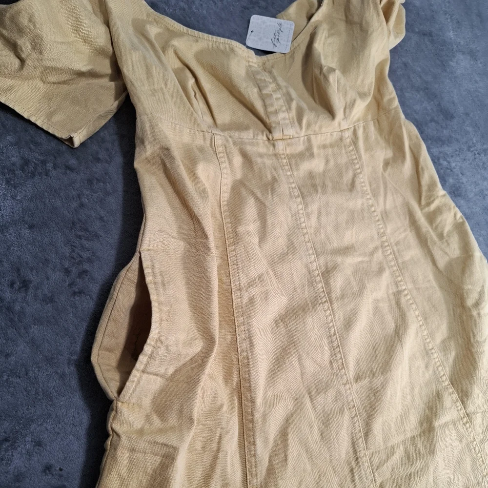 Free People Cheyenne Denim Mini Dress Babydoll Smocked Pockets Puffer Sleeve S